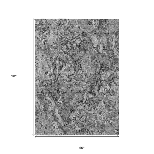 5' X 8' Gray Charcoal And Silver Abstract Washable Indoor Outdoor Area Rug
