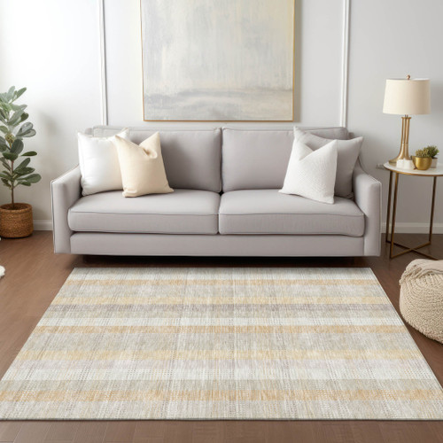 5' X 8' Ivory Beige And Tan Plaid Washable Indoor Outdoor Area Rug
