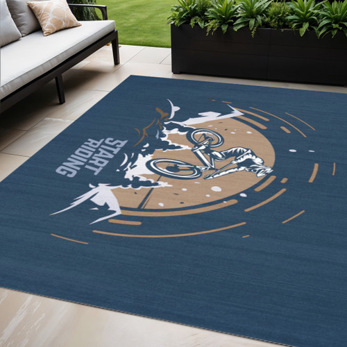 5' X 7' Blue Gold And White Mountain Biker Washable Youthful Area Rug