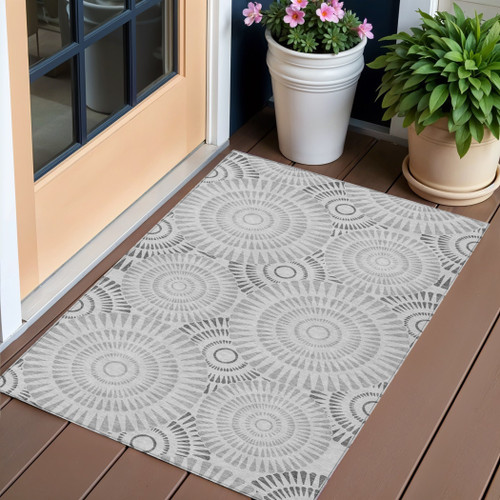 3' X 5' Gray And Dark Gray Geometric Washable Indoor Outdoor Area Rug