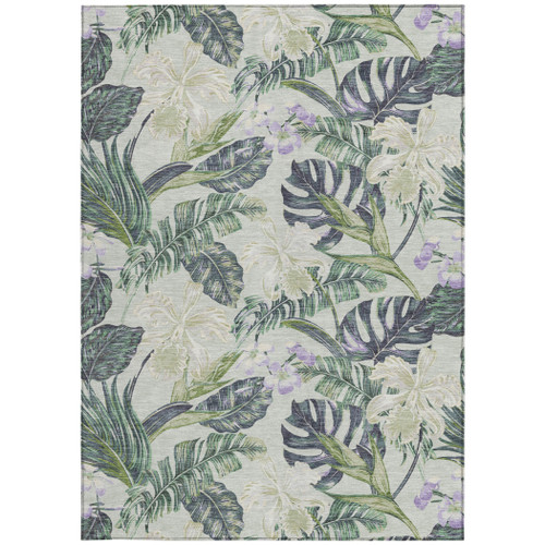 3' X 5' Artichoke Green Lavender And Ivory Botanical Leaves Washable Indoor Outdoor Area Rug