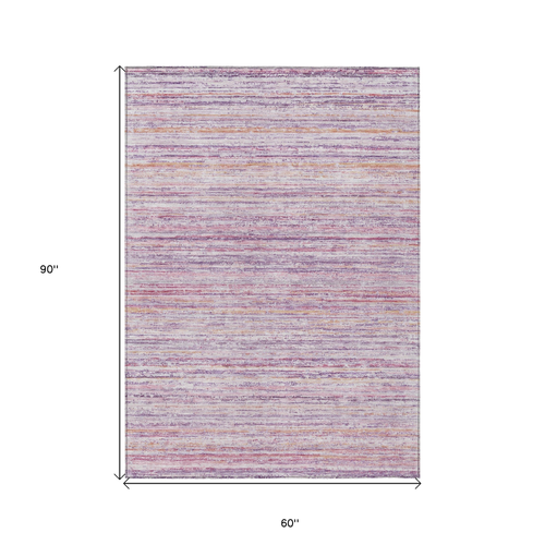 5' X 8' Mauve Striped Washable Indoor Outdoor Area Rug