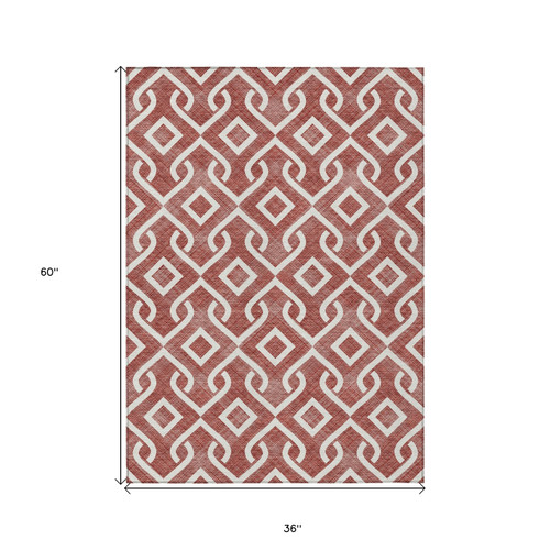 3' X 5' Burgundy And Ivory Geometric Washable Indoor Outdoor Area Rug