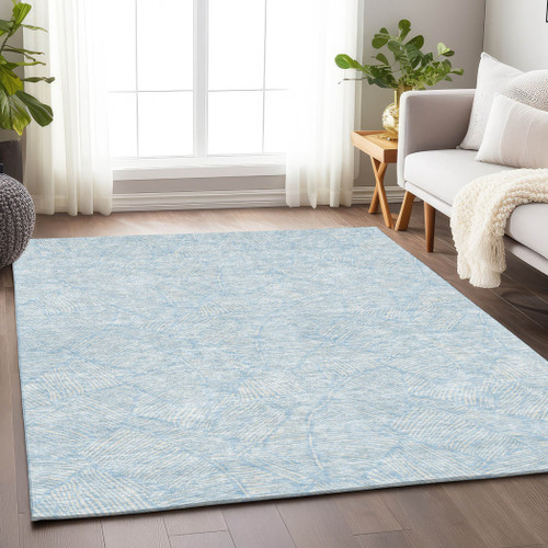 3' X 5' Sky Blue And Ivory Floral Washable Indoor Outdoor Area Rug