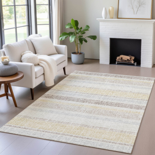 3' X 5' Ivory And Beige Striped Washable Indoor Outdoor Area Rug - Ivory, Beige