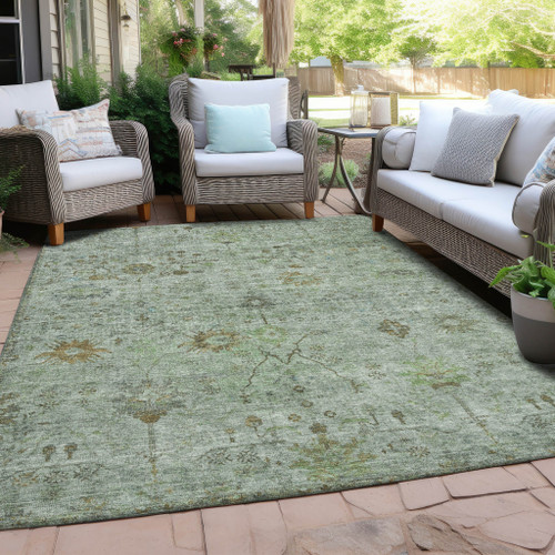 5' X 8' Artichoke Green And Gray Floral Washable Indoor Outdoor Area Rug - Artichoke Green, Gray