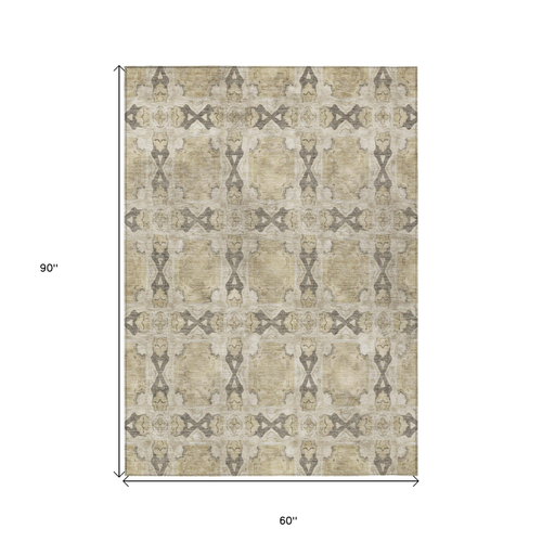 5' X 8' Beige and Gray Floral Medallion Washable Non Skid Indoor Outdoor Area Rug
