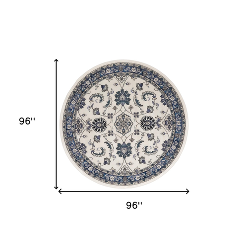 8' Ivory And Blue Round Floral Indoor Outdoor Area Rug