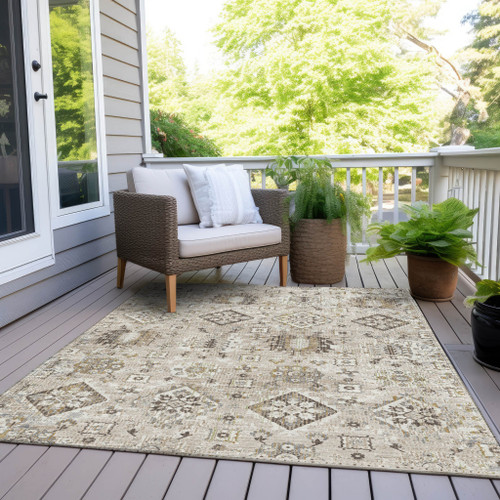 3' X 5' Linen And Ivory Floral Medallion Washable Indoor Outdoor Area Rug