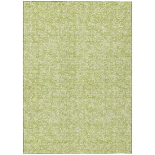 5' X 8' Artichoke Green And Ivory Floral Washable Indoor Outdoor Area Rug
