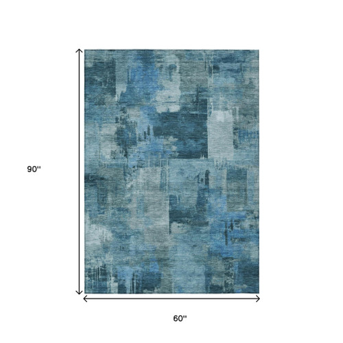 5' X 8' Blue And Ivory Abstract Washable Indoor Outdoor Area Rug