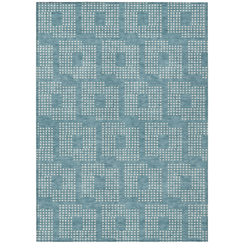 5' X 8' Teal Blue And Ivory Geometric Washable Indoor Outdoor Area Rug