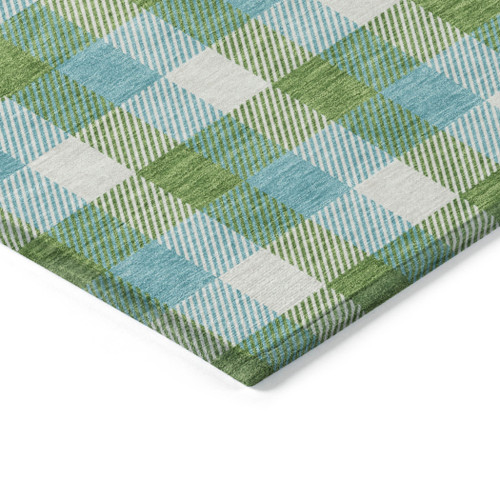 5' X 8' Lime Green Aqua And Beige Plaid Washable Indoor Outdoor Area Rug