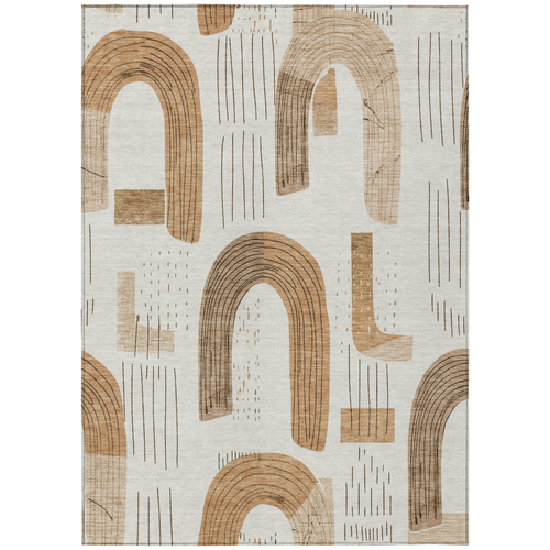 5' X 8' Ivory Khaki And Beige Geometric Washable Indoor Outdoor Area Rug