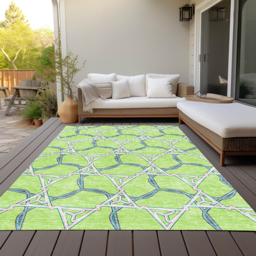 3' X 5' Lime Green And Blue Geometric Washable Indoor Outdoor Area Rug