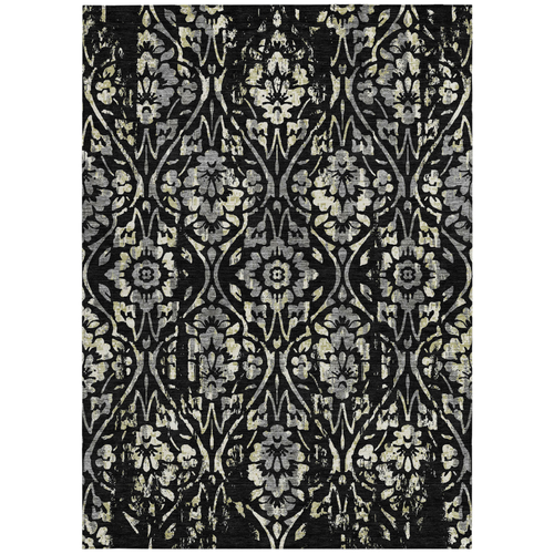 5' X 8' Black Gray And Ivory Floral Washable Indoor Outdoor Area Rug