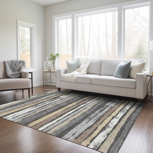 3' X 5' Charcoal Beige And Brown Striped Washable Indoor Outdoor Area Rug
