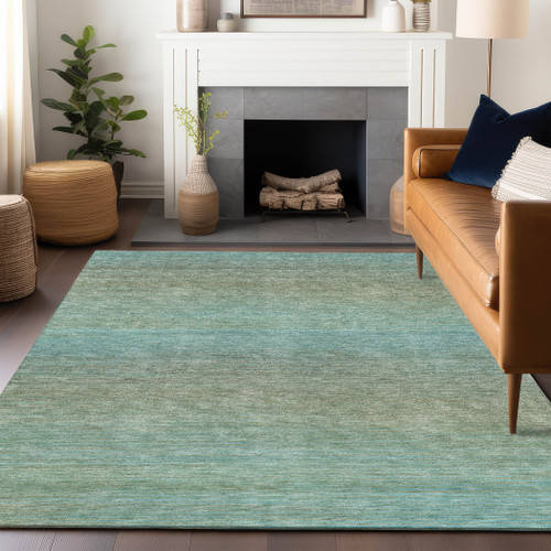 5' X 8' Teal Blue Striped Washable Indoor Outdoor Area Rug