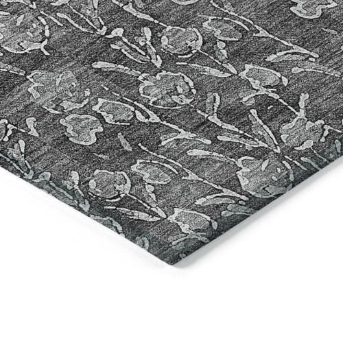 5' X 8' Gray Charcoal And Silver Floral Washable Indoor Outdoor Area Rug
