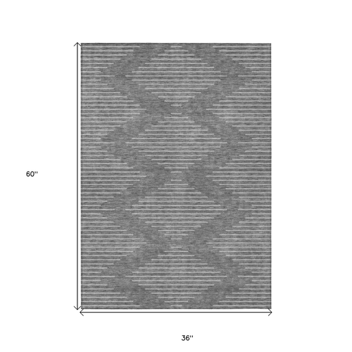 3' X 5' Charcoal And Silver Geometric Washable Indoor Outdoor Area Rug
