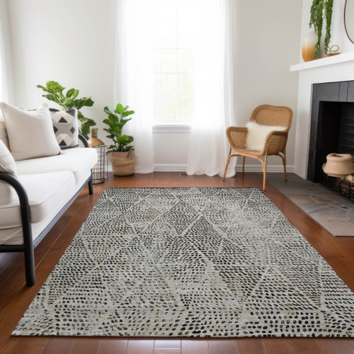5' X 8' Gray Beige And Black Geometric Washable Indoor Outdoor Area Rug