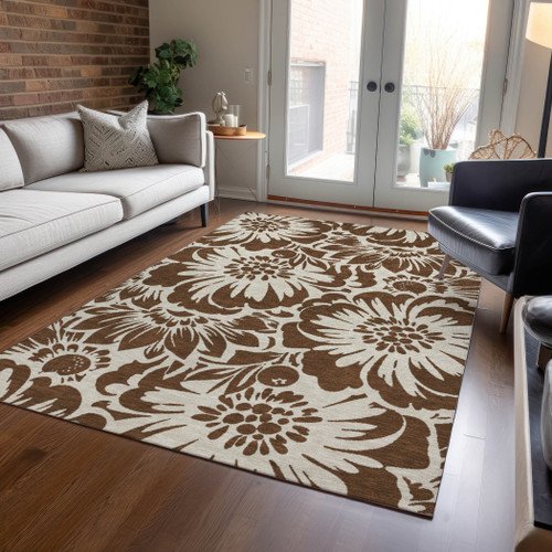 3' X 5' Brown and Ivory Floral Washable Non Skid Indoor Outdoor Area Rug