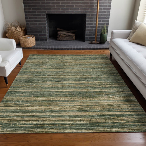 5' X 8' Fern Green And Charcoal Striped Washable Indoor Outdoor Area Rug