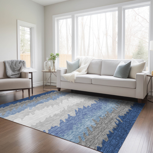 3' X 5' Navy Blue Gray And Silver Striped Washable Indoor Outdoor Area Rug