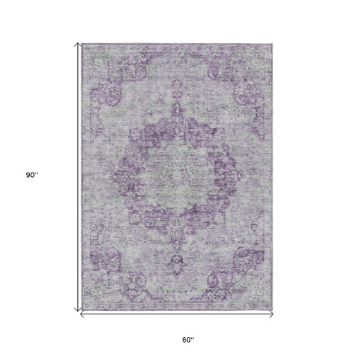 5' X 8' Purple Floral Medallion Washable Indoor Outdoor Area Rug