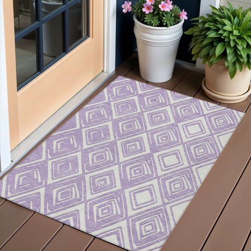 3' X 5' Lavender And Ivory Geometric Washable Indoor Outdoor Area Rug