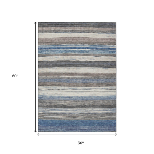 3' X 5' Denim Blue Beige And Taupe Striped Washable Indoor Outdoor Area Rug
