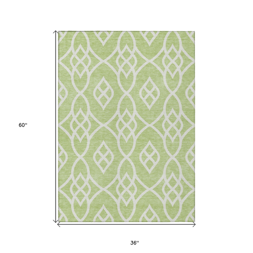 3' X 5' Artichoke Green And Ivory Trellis Washable Indoor Outdoor Area Rug
