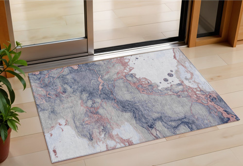 3' X 5' Blush And Gray Abstract Washable Indoor Outdoor Area Rug - Blush, Gray