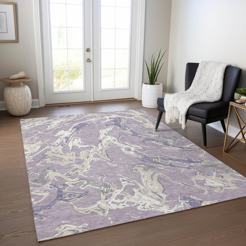 5' X 8' Lavender And Ivory Abstract Washable Indoor Outdoor Area Rug
