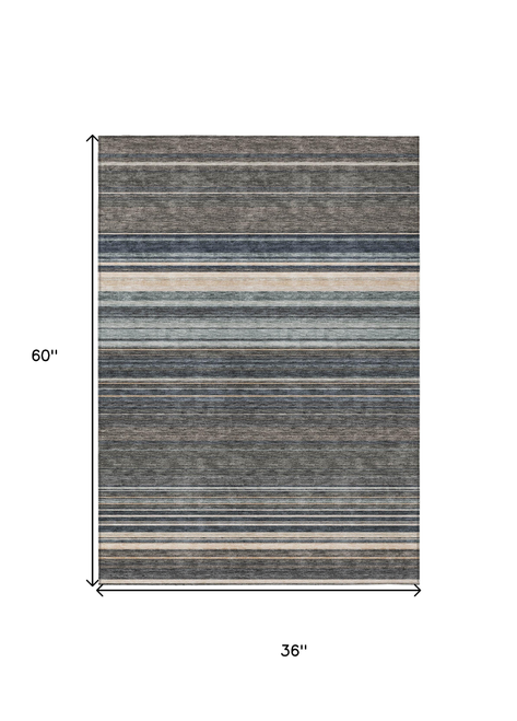 3' X 5' Taupe Beige And Pewter Striped Washable Indoor Outdoor Area Rug