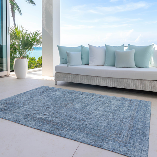 5' X 8' Blue And Beige Abstract Washable Indoor Outdoor Area Rug