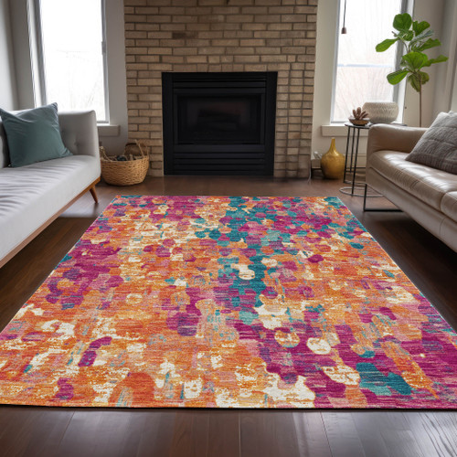 5' X 8' Blush Orange And Teal Blue Abstract Washable Indoor Outdoor Area Rug