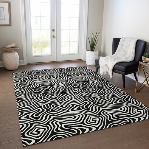 5' X 8' Black And Ivory Abstract Washable Indoor Outdoor Area Rug