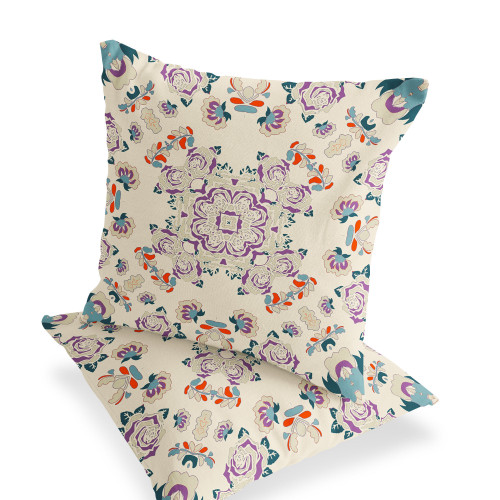 Set of Two 16" X 16" Blue and Off White Blown Seam Floral Indoor Outdoor Throw Pillow Polyester Home Accent