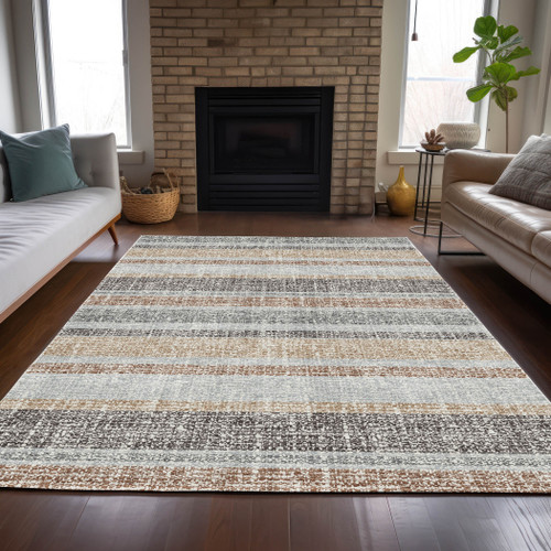 3' X 5' Gray And Silver Striped Washable Indoor Outdoor Area Rug - Gray, Silver