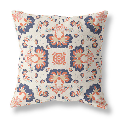 18" X 18" Inch Off White And Blue Floral Blown Seam Suede Throw Pillow