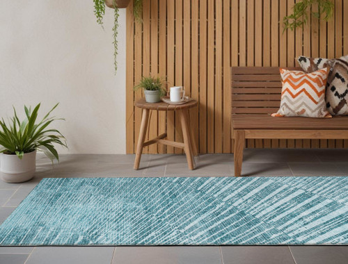8' Runner Teal Abstract Washable Non Skid Indoor Outdoor Runner Rug