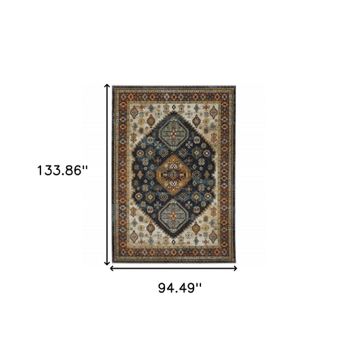 8' X 11' Blue And Beige Oriental Area Rug With Fringe