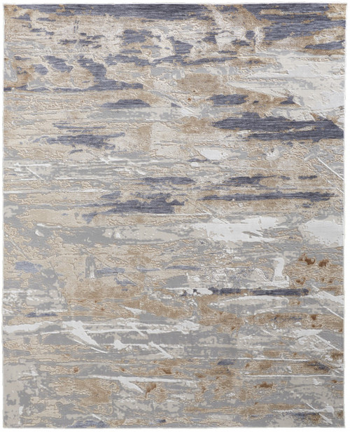 10' X 13' Tan Ivory And Blue Abstract Distressed Area Rug
