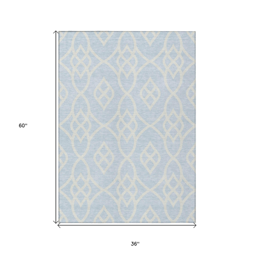 3' X 5' Sky Blue And Ivory Trellis Washable Indoor Outdoor Area Rug