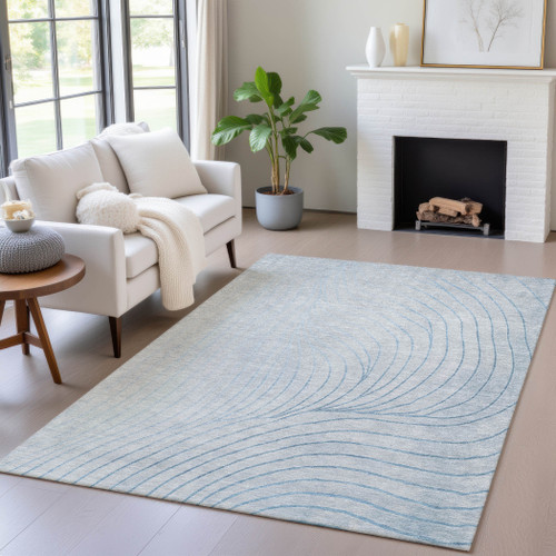 3' X 5' Sky Blue And Silver Abstract Washable Indoor Outdoor Area Rug