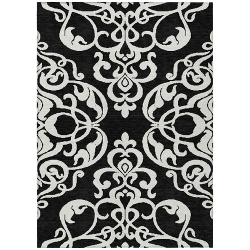 3' X 5' Black And Ivory Damask Washable Indoor Outdoor Area Rug