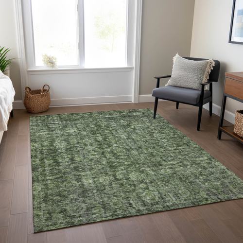 5' X 8' Artichoke Green And Black Damask Washable Indoor Outdoor Area Rug