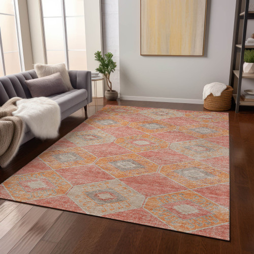 3' X 5' Coral And Gray Aztec Washable Indoor Outdoor Area Rug