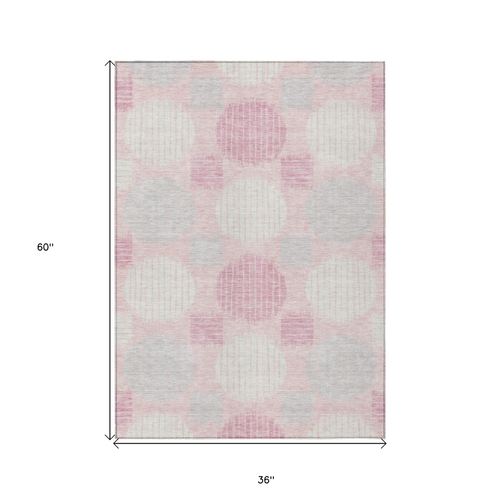 3' X 5' Pink Gray And Ivory Geometric Washable Indoor Outdoor Area Rug
